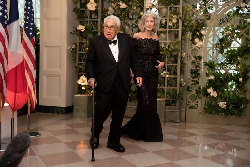 WASHINGTON, DC - APRIL 24: Former Secretary of State Henry Kissinger and his wife Nancy arrive at the White House for a state dinner April 24, 2018 in Washington, DC . President Donald Trump is hosting French President Emmanuel Macron for the first state visit of his presidency. (Photo by Aaron P. Bernstein/Getty Images)